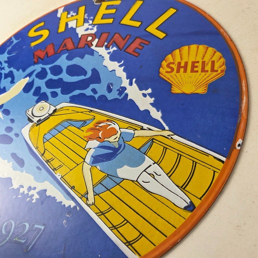 Vintage Shell Gasoline Sign - Marine Boat Porcelain Gas Pump Advertising Sign - Image 13