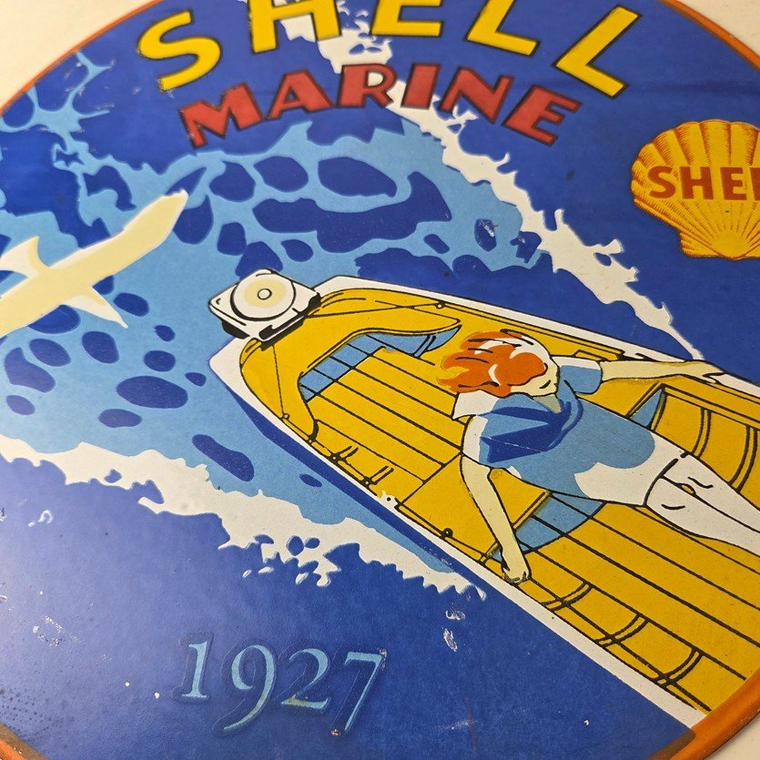 Vintage Shell Gasoline Sign - Marine Boat Porcelain Gas Pump Advertising Sign - Image 4