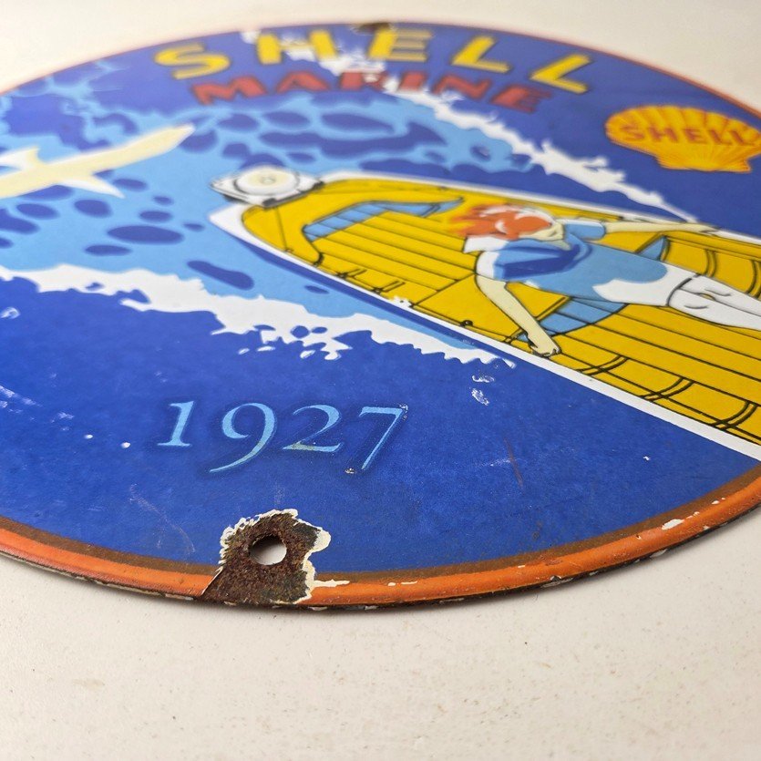 Vintage Shell Gasoline Sign - Marine Boat Porcelain Gas Pump Advertising Sign - Image 10