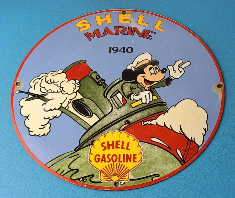 Vintage Shell Gasoline Sign Mickey Old Steamboat Gas Oil Pump Porcelain Sign 306104693307