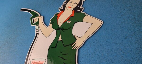 Vintage Sinclair Gasoline Sign Filling Station Girl Gas Pump Porcelain Sign 305716107597 8