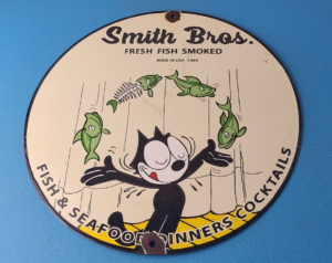 Vintage Smith Bros Sign Felix the Cat Fish Meat Porcelain Gas Pump Sign 305874293597