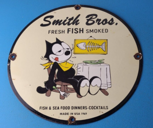 Vintage Smith Bros Sign Felix the Cat Fresh Fish Meat Porcelain Gas Pump Sign 305874269477