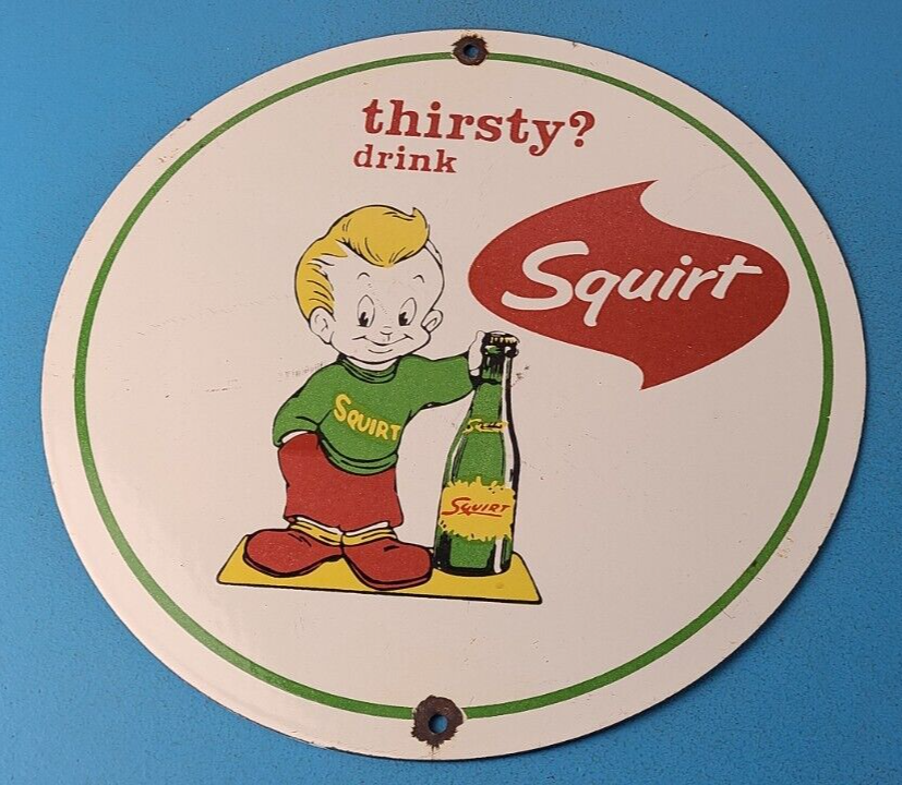 Vintage Squirt Soda Boy Sign - Gas Pump Wall Service Sales Porcelain Sign