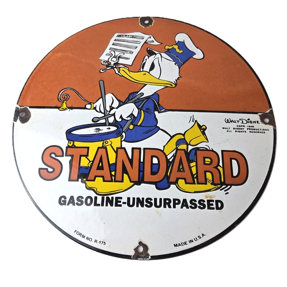 Vintage Standard Gasoline Sign - Porcelain Gas Oil Pump Plate Walt Disney Sign