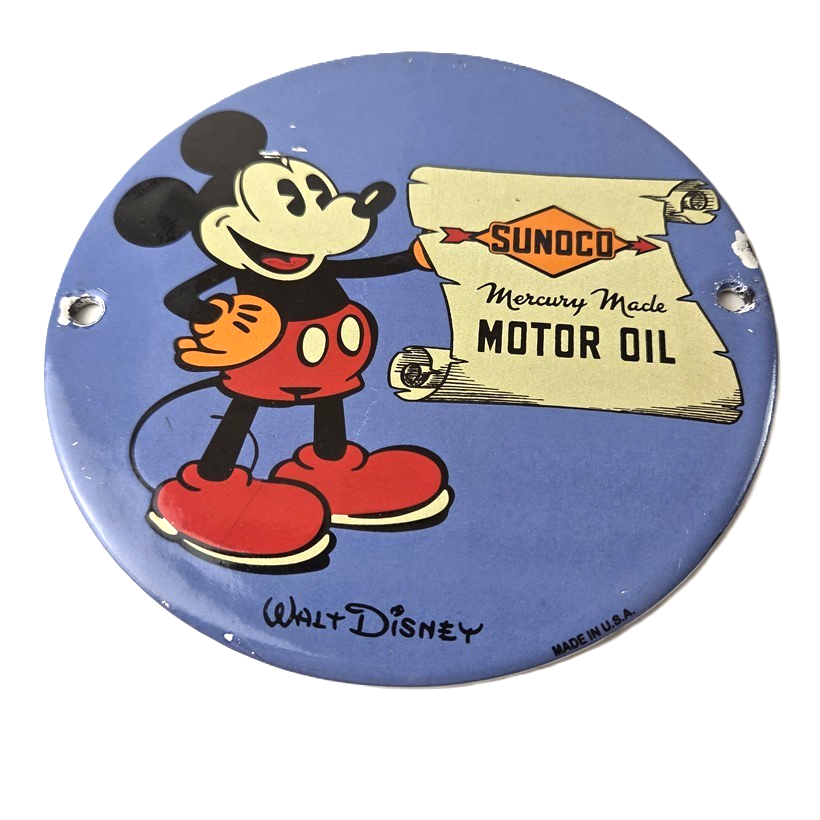 Vintage Sunoco Motor Oils Sign - Walt Disney Mickey Advertisment Porcelain Sign