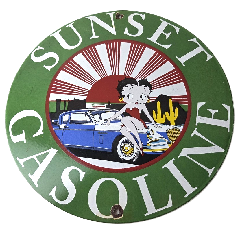 Vintage Sunset Gasoline Sign - Betty Boop Desert Gas Pump Porcelain Sign