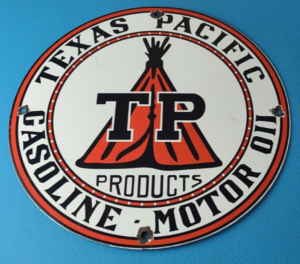 Vintage Texas Pacific Motor Oil Sign Gas Pump Porcelain Service Station Sign 305703590377