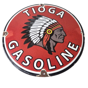 Vintage Tioga Gasoline Sign - Native American Indian Chief Gas Porcelain Sign