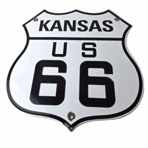 Vintage US Route 66 Sign - Kansas State Porcelain Highway Road Gas Oil Pump Sign