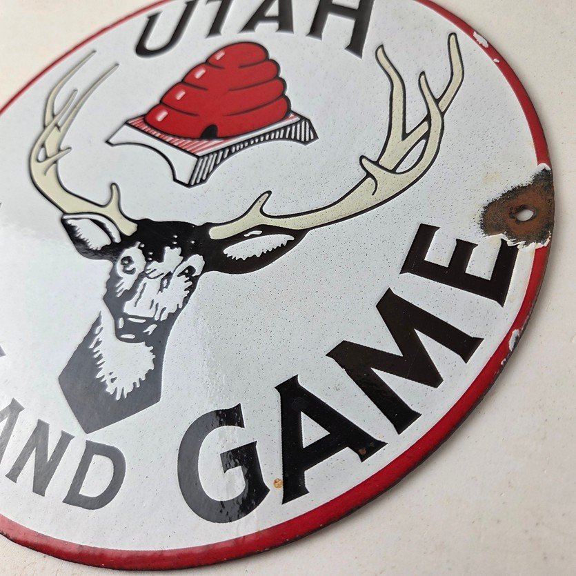 Vintage Utah Fish Game Sign - Porcelain Gas Oil Pump Deer Hunting Pump Sign - Image 13