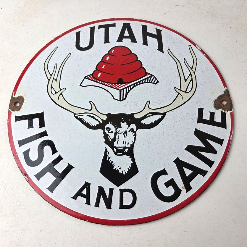 Vintage Utah Fish Game Sign - Porcelain Gas Oil Pump Deer Hunting Pump Sign - Image 15