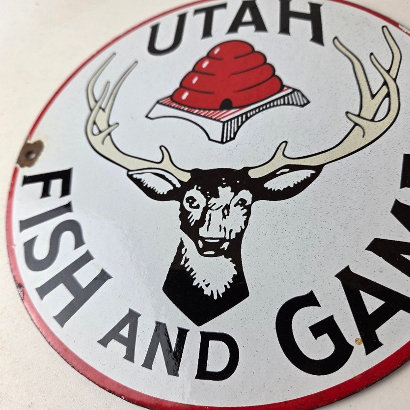 Vintage Utah Fish Game Sign - Porcelain Gas Oil Pump Deer Hunting Pump Sign - Image 4