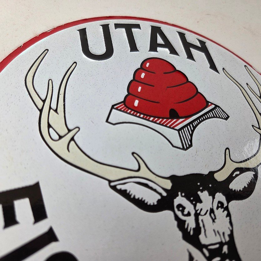 Vintage Utah Fish Game Sign - Porcelain Gas Oil Pump Deer Hunting Pump Sign - Image 5