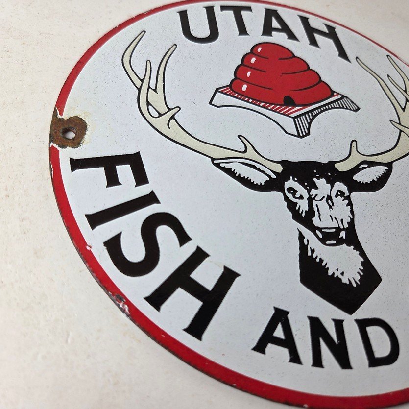 Vintage Utah Fish Game Sign - Porcelain Gas Oil Pump Deer Hunting Pump Sign - Image 6