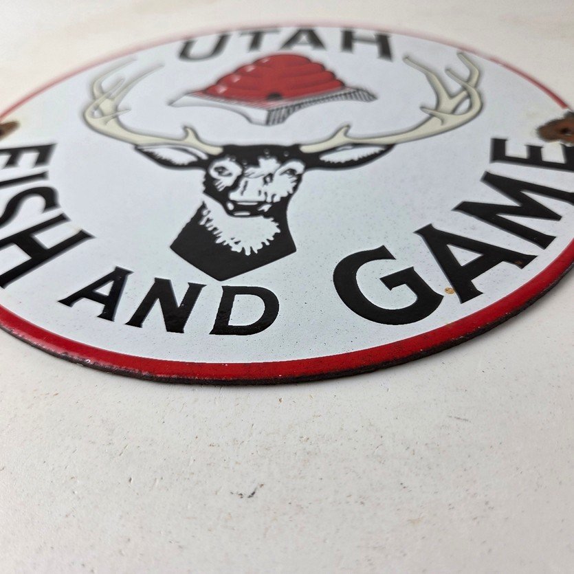 Vintage Utah Fish Game Sign - Porcelain Gas Oil Pump Deer Hunting Pump Sign - Image 10
