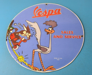 Vintage Vespa Sign Road Runner Bike Gas Pump Service Station Porcelain Sign 306062526537