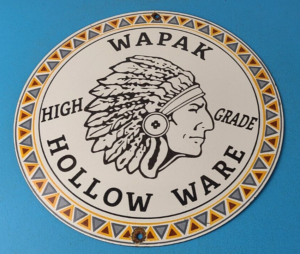 Vintage Wapak Hollow Ware Gasoline Sign Indian Chief Gas Pump Porcelain Sign 306051749467