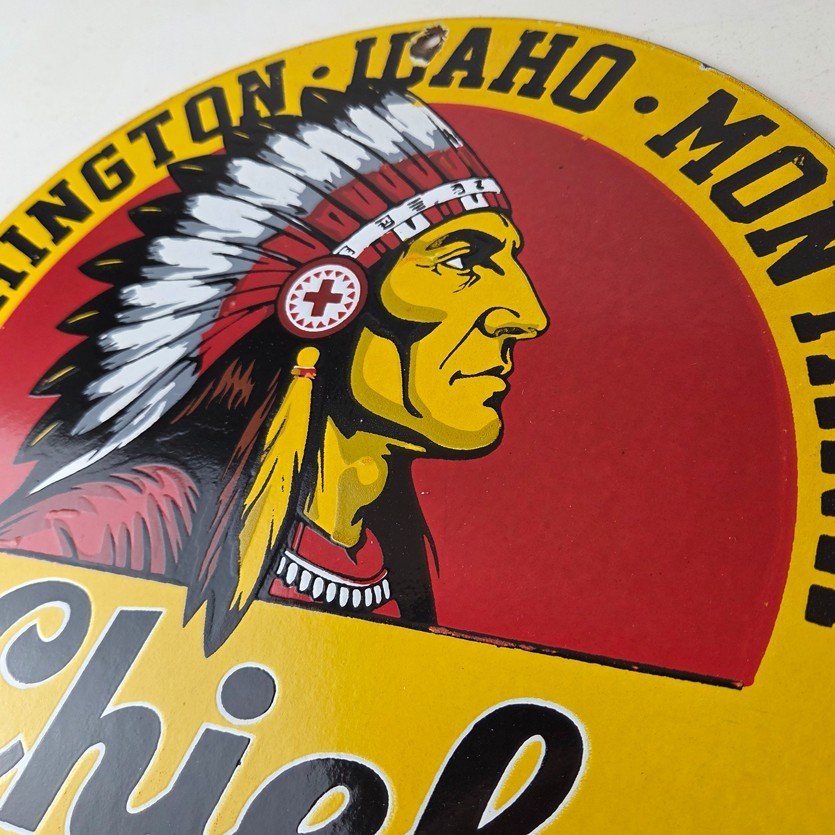 Vintage Washington Gasoline Sign - idaho Montana Chief Gas Porcelain Ad Sign - Image 12