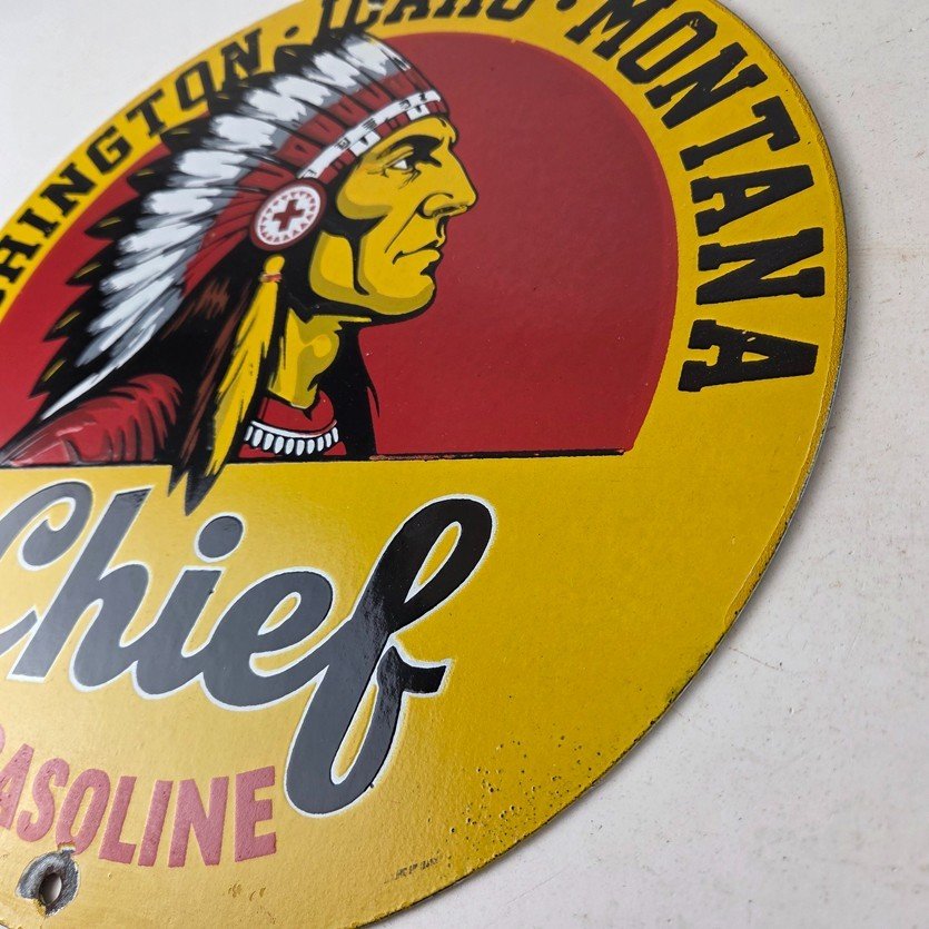 Vintage Washington Gasoline Sign - idaho Montana Chief Gas Porcelain Ad Sign - Image 13