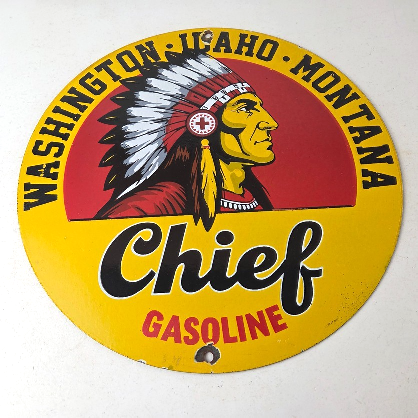 Vintage Washington Gasoline Sign - idaho Montana Chief Gas Porcelain Ad Sign - Image 15
