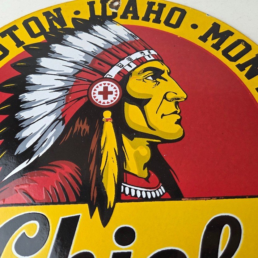 Vintage Washington Gasoline Sign - idaho Montana Chief Gas Porcelain Ad Sign - Image 3