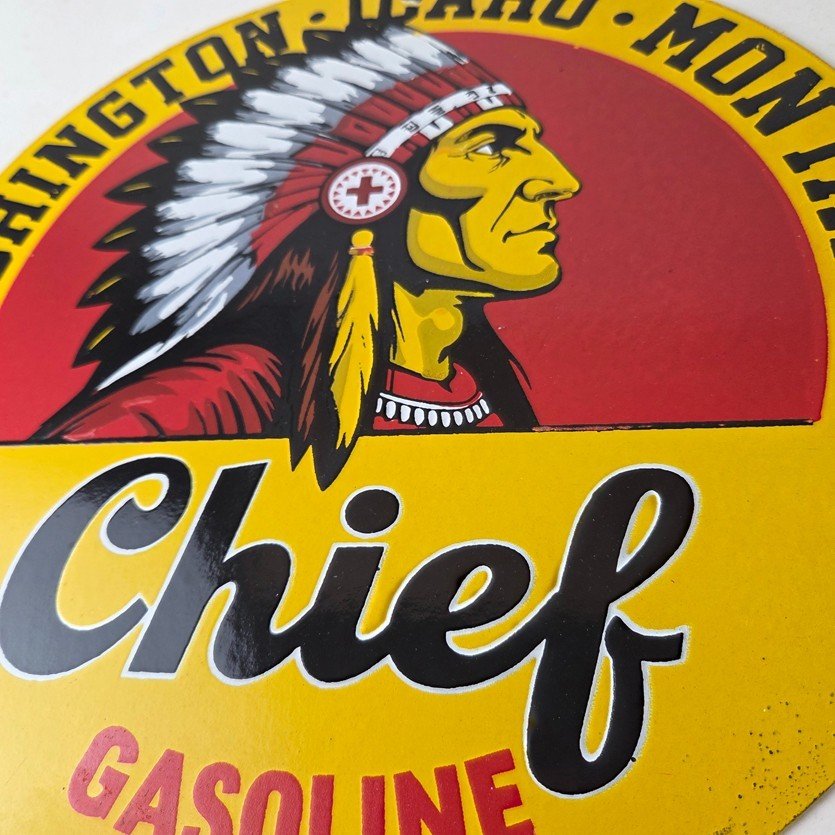 Vintage Washington Gasoline Sign - idaho Montana Chief Gas Porcelain Ad Sign - Image 4