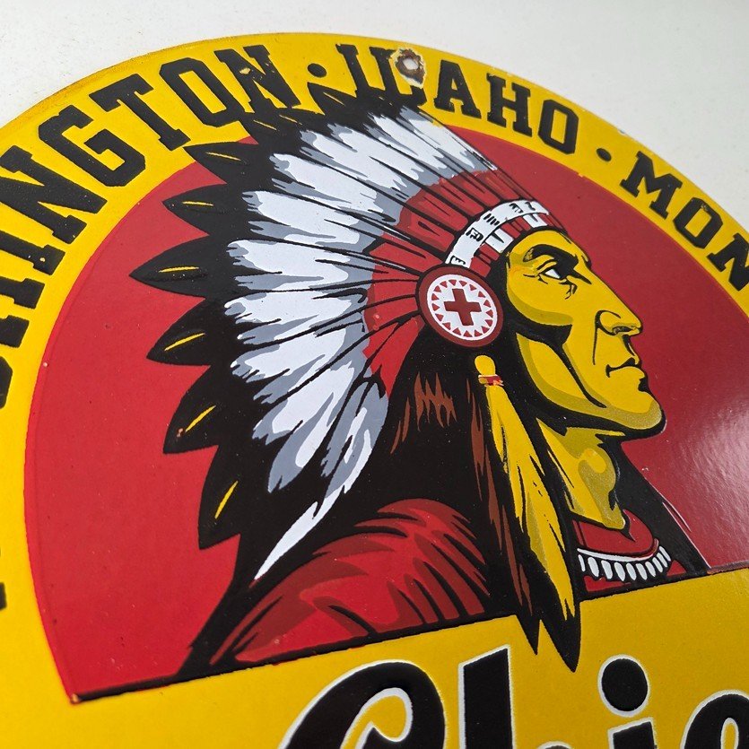 Vintage Washington Gasoline Sign - idaho Montana Chief Gas Porcelain Ad Sign - Image 5