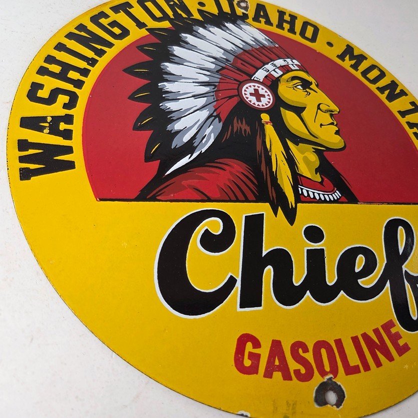 Vintage Washington Gasoline Sign - idaho Montana Chief Gas Porcelain Ad Sign - Image 6