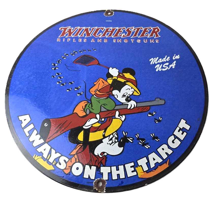 Vintage Winchester Sign - Disney Mickey Mouse Shot Gun Rifle Ammo Gas Pump Sign