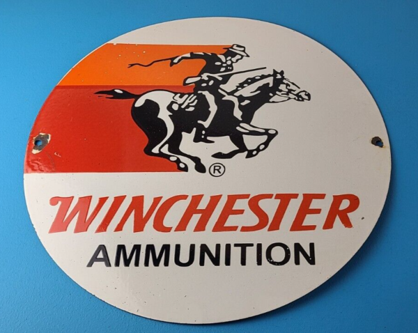 Vintage Winchester Sign LARGE Hunting Firearm Shot Gun Gas Pump Porcelain Sign 305538692287