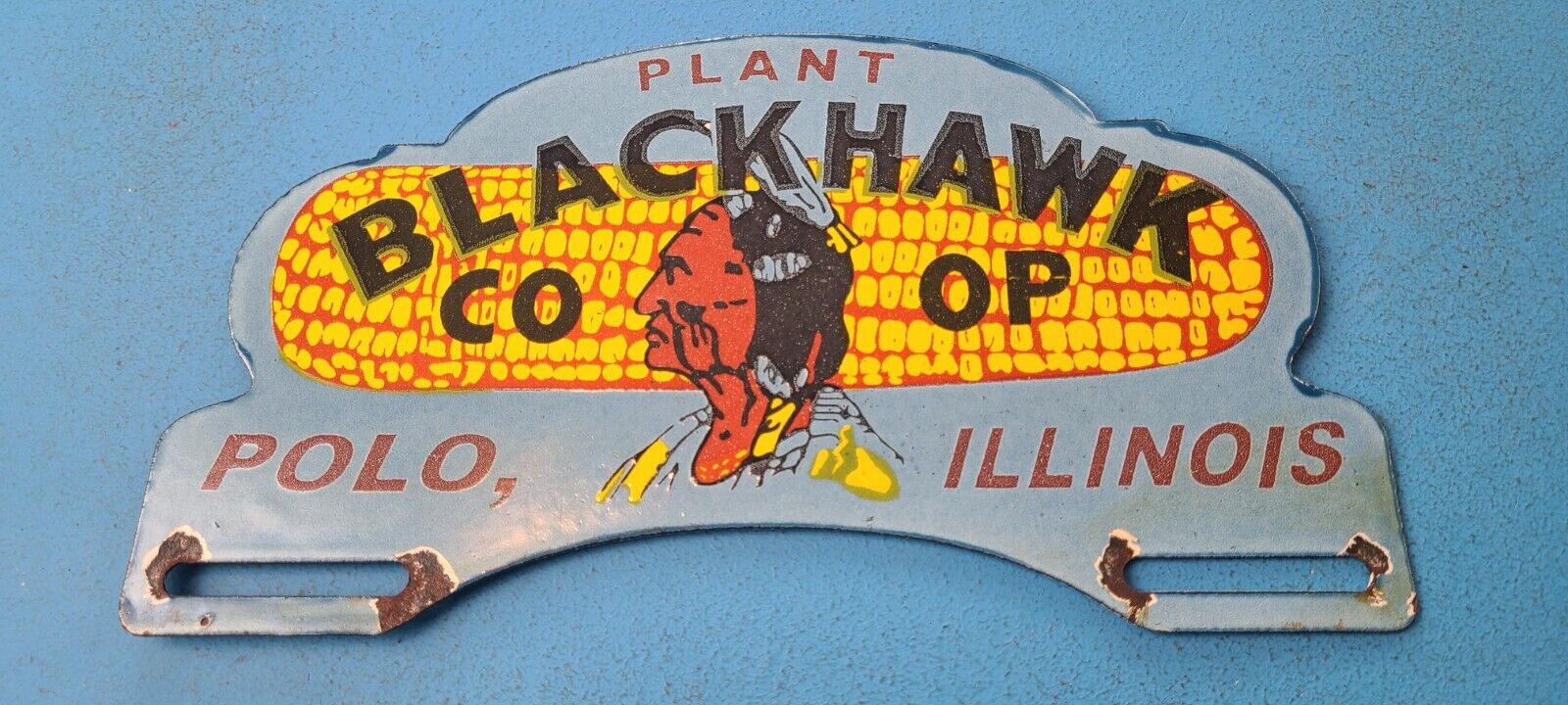 VINTAGE BLACKHAWK CO OP PORCELAIN GAS OIL SERVICE STATION INDIAN TOPPER SIGN 305900504818