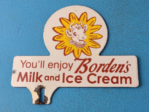 VINTAGE BORDENS DAIRY PORCELAIN MILK ICE CREAM GAS SIGN AD LICENSE PLATE TOPPER 305860739068