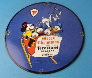 VINTAGE FIRESTONE TIRES PORCELAIN MICKEY MOUSE CHRISTMAS GAS SERVICE PUMP SIGN 305880551718