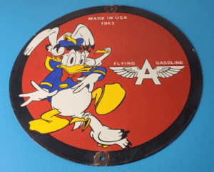 VINTAGE FLYING A GASOLINE PORCELAIN GAS OIL SERVICE DONALD DUCK PUMP PLATE SIGN