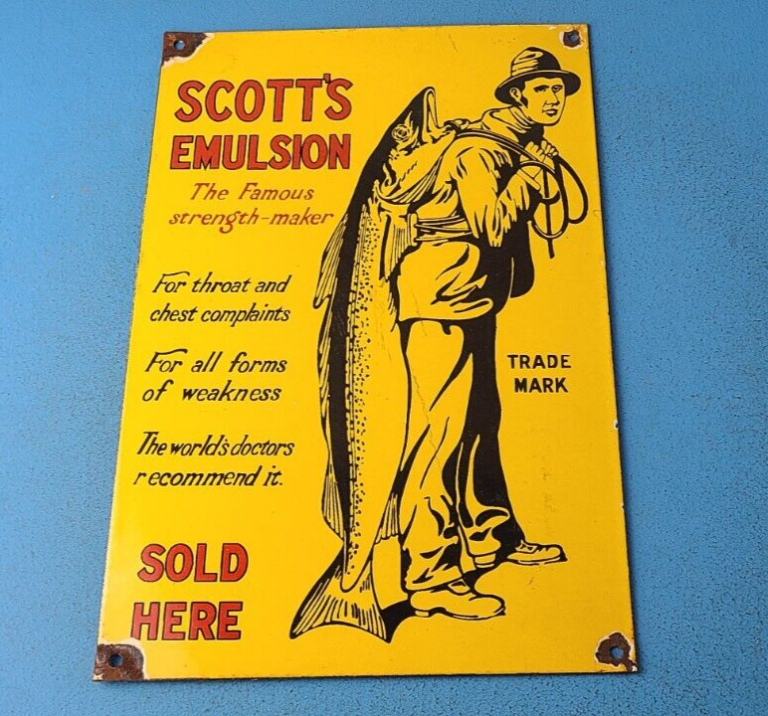 VINTAGE SCOTTS EMULSION PORCELAIN GENERAL STORE GAS PUMP PLATE MEDICINE AD SIGN 306059398258