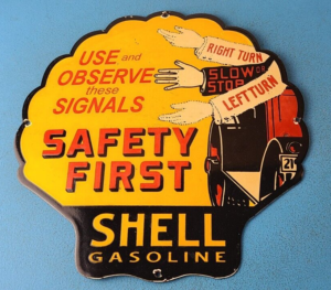 VINTAGE SHELL GASOLINE PORCELAIN SAFETY FIRST GAS SERVICE STATION PUMP SIGN 305167505288