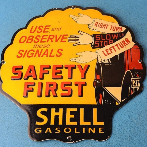 VINTAGE SHELL GASOLINE PORCELAIN SAFETY FIRST GAS SERVICE STATION PUMP SIGN 305167505288