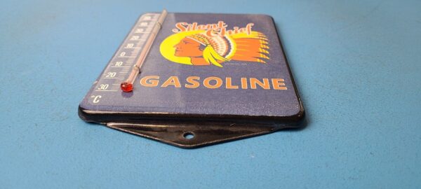 VINTAGE SILENT CHIEF PORCELAIN GAS PUMP AD SALES SIGN ON SERVICE THERMOMETER 305561090748 10