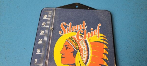 VINTAGE SILENT CHIEF PORCELAIN GAS PUMP AD SALES SIGN ON SERVICE THERMOMETER 305561090748 2