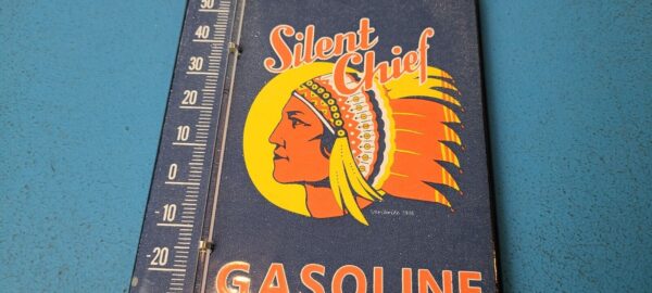 VINTAGE SILENT CHIEF PORCELAIN GAS PUMP AD SALES SIGN ON SERVICE THERMOMETER 305561090748 3