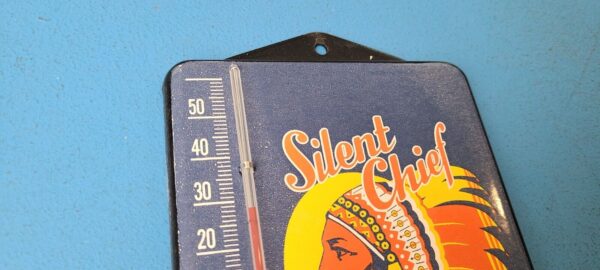 VINTAGE SILENT CHIEF PORCELAIN GAS PUMP AD SALES SIGN ON SERVICE THERMOMETER 305561090748 4