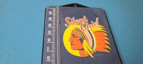 VINTAGE SILENT CHIEF PORCELAIN GAS PUMP AD SALES SIGN ON SERVICE THERMOMETER 305561090748 5