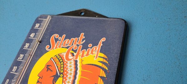 VINTAGE SILENT CHIEF PORCELAIN GAS PUMP AD SALES SIGN ON SERVICE THERMOMETER 305561090748 7