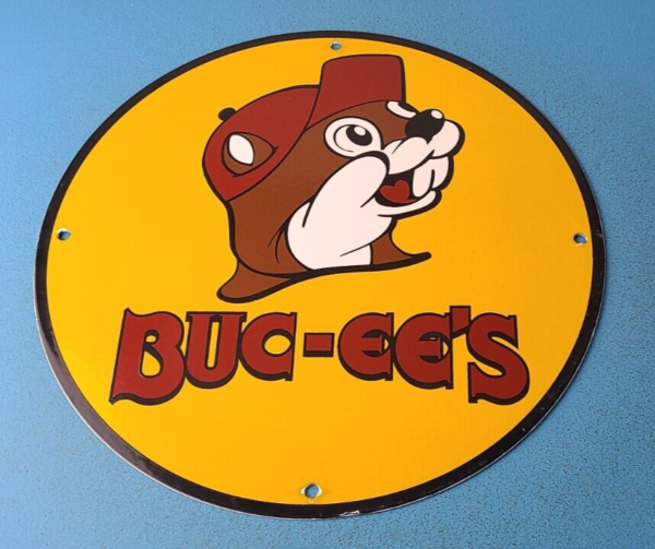 Vintage Buc ees Sign Bucee Beaver Gas Service Station Pump Porcelain Sign