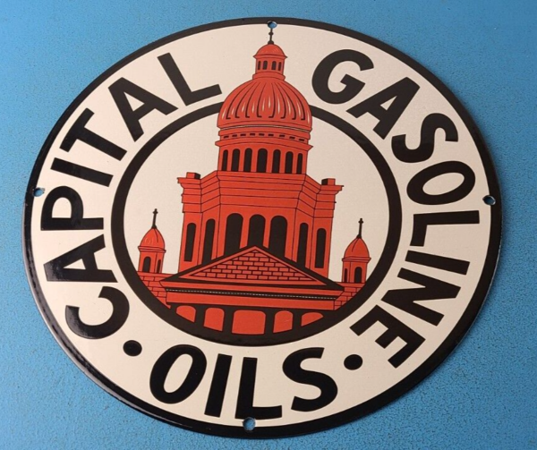 Vintage Capital Gasoline Sign - Gas Motor Oil Pump Plate Porcelain Sign