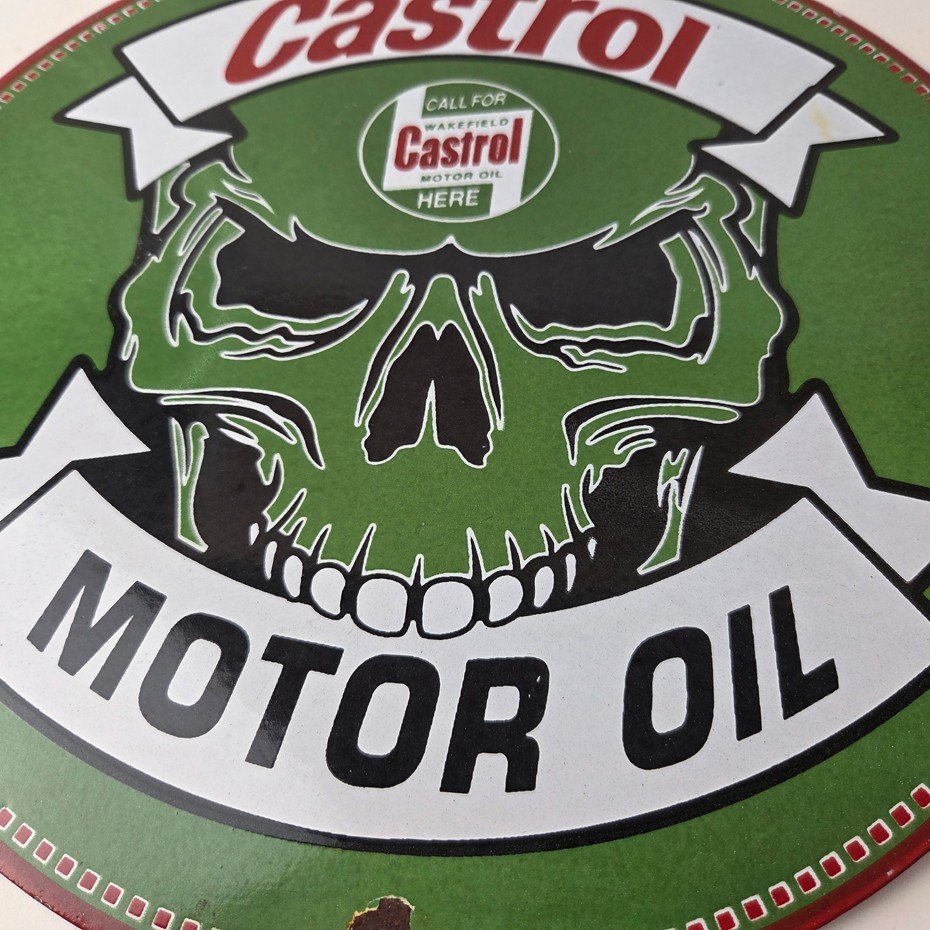 Vintage Castrol Sign - Racing Gas Skull Can Gas Porcelain Sign - Image 4