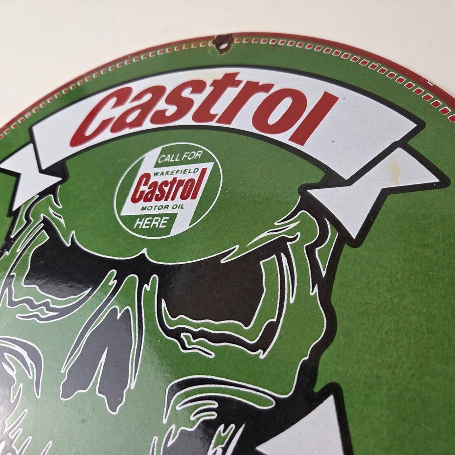 Vintage Castrol Sign - Racing Gas Skull Can Gas Porcelain Sign - Image 8