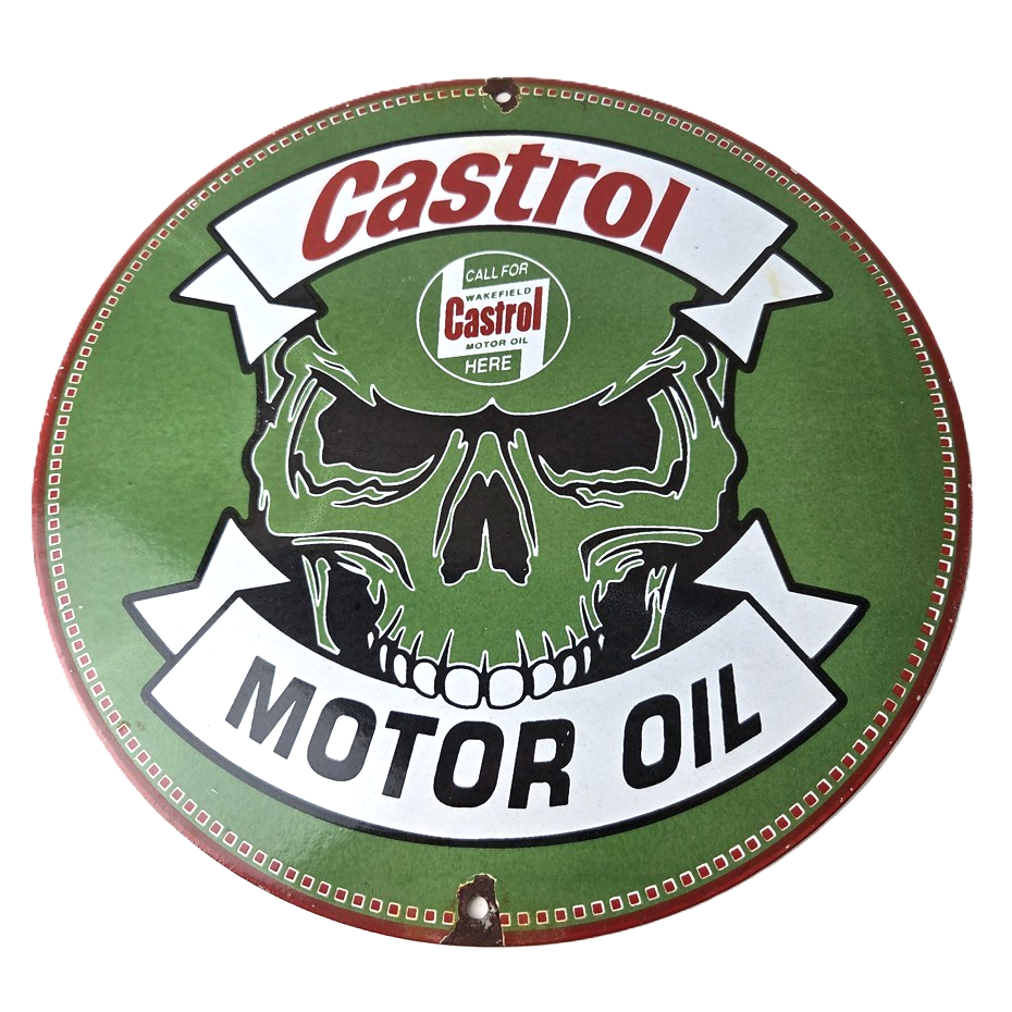 Vintage Castrol Sign - Racing Gas Skull Can Gas Porcelain Sign