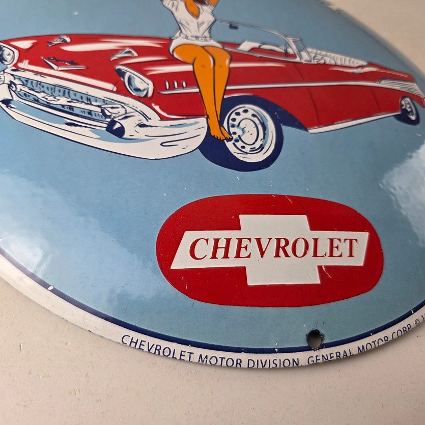 Vintage Chevrolet Sign - Chevy Bel Air Convex Pinup Girl Auto Gas Porcelain Sign - Image 11